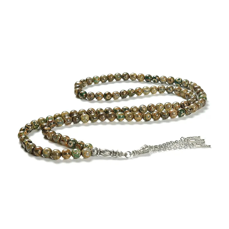 Mystic Green Misbaha: Green Tibetan Dzi - 99 Beads, 8mm