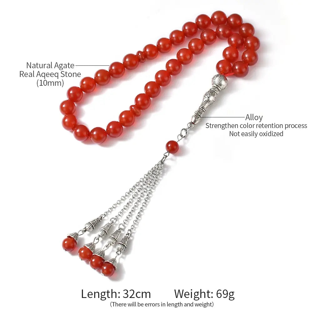 The Heritage Misbaha: Yamani Red Aqeeq Stone - 33 Beads, 10mm