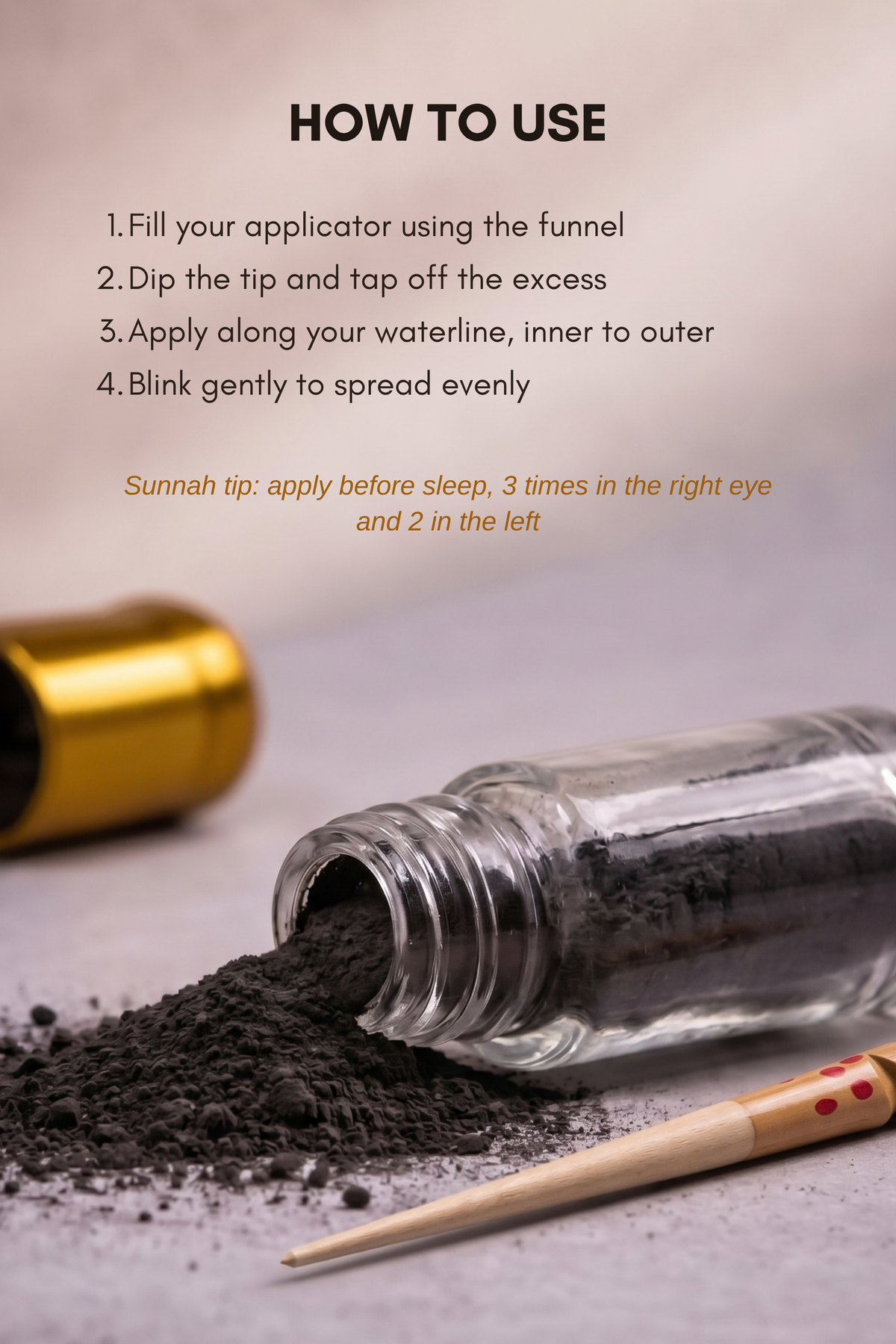How to use Ithmid Kohl: fill the applicator, tap off excess, apply along the waterline, blink to spread