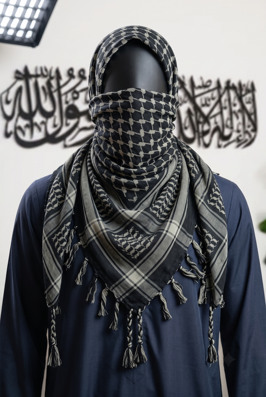 Man wearing Ashfall keffiyeh, black and sage grey cotton shemagh scarf, traditional head wrap, studio portrait