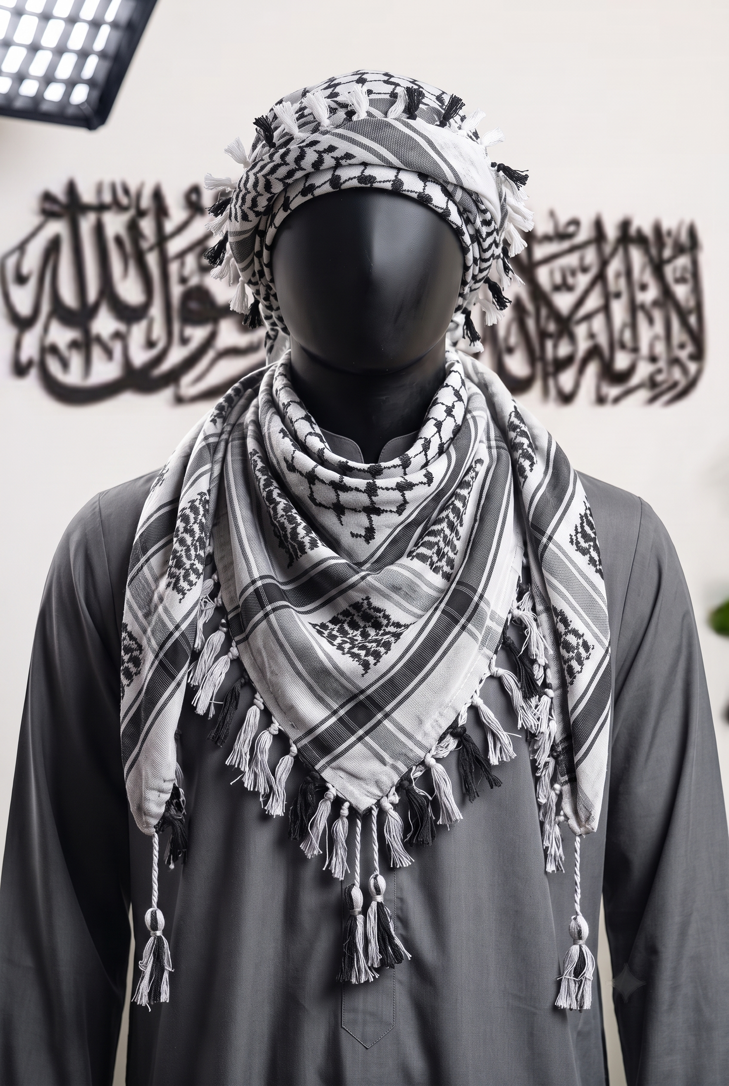 Man wearing Bedouin keffiyeh, classic black and white cotton shemagh scarf draped over the head, studio portrait
