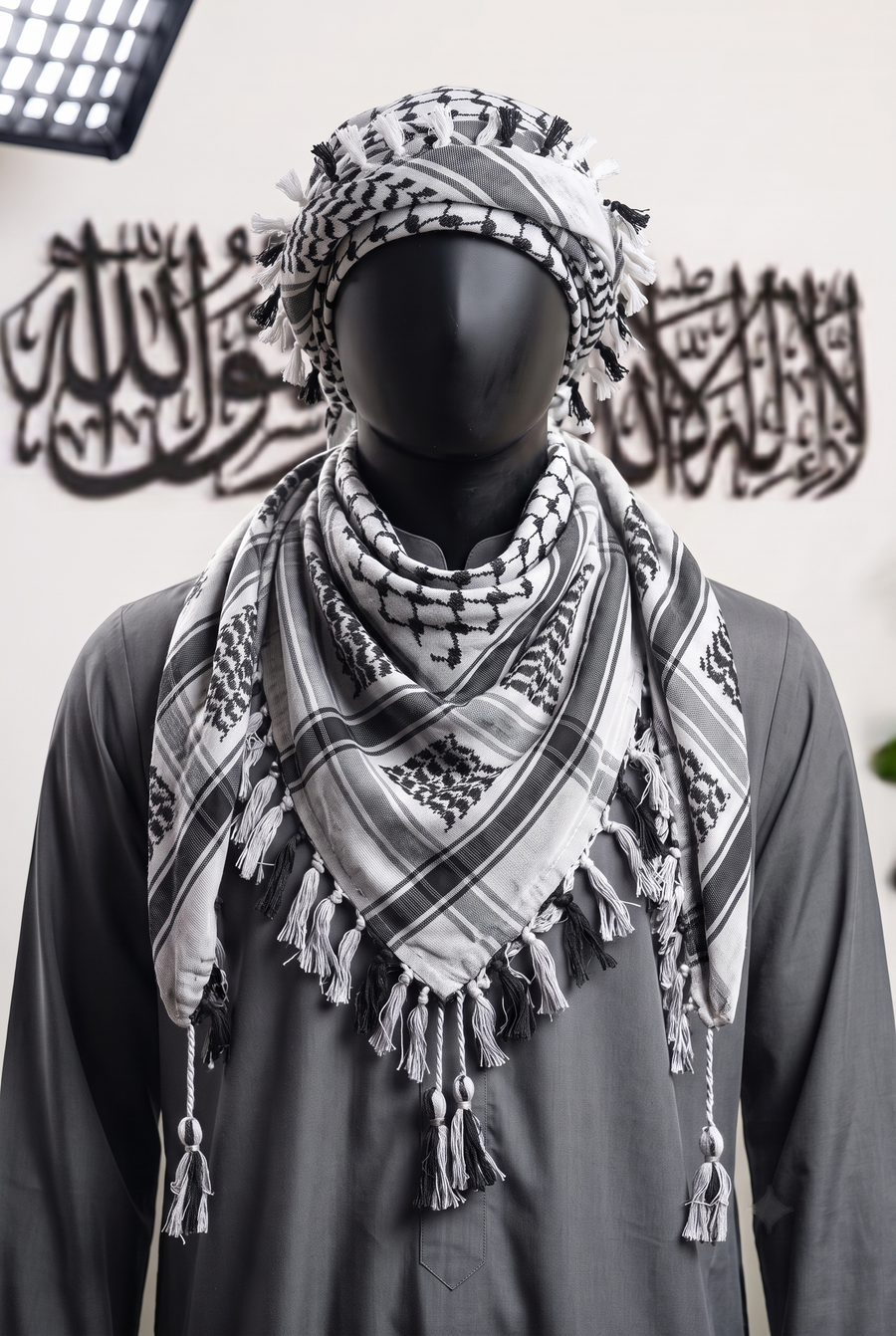 Man wearing Bedouin keffiyeh, classic black and white cotton shemagh scarf draped over the head, studio portrait