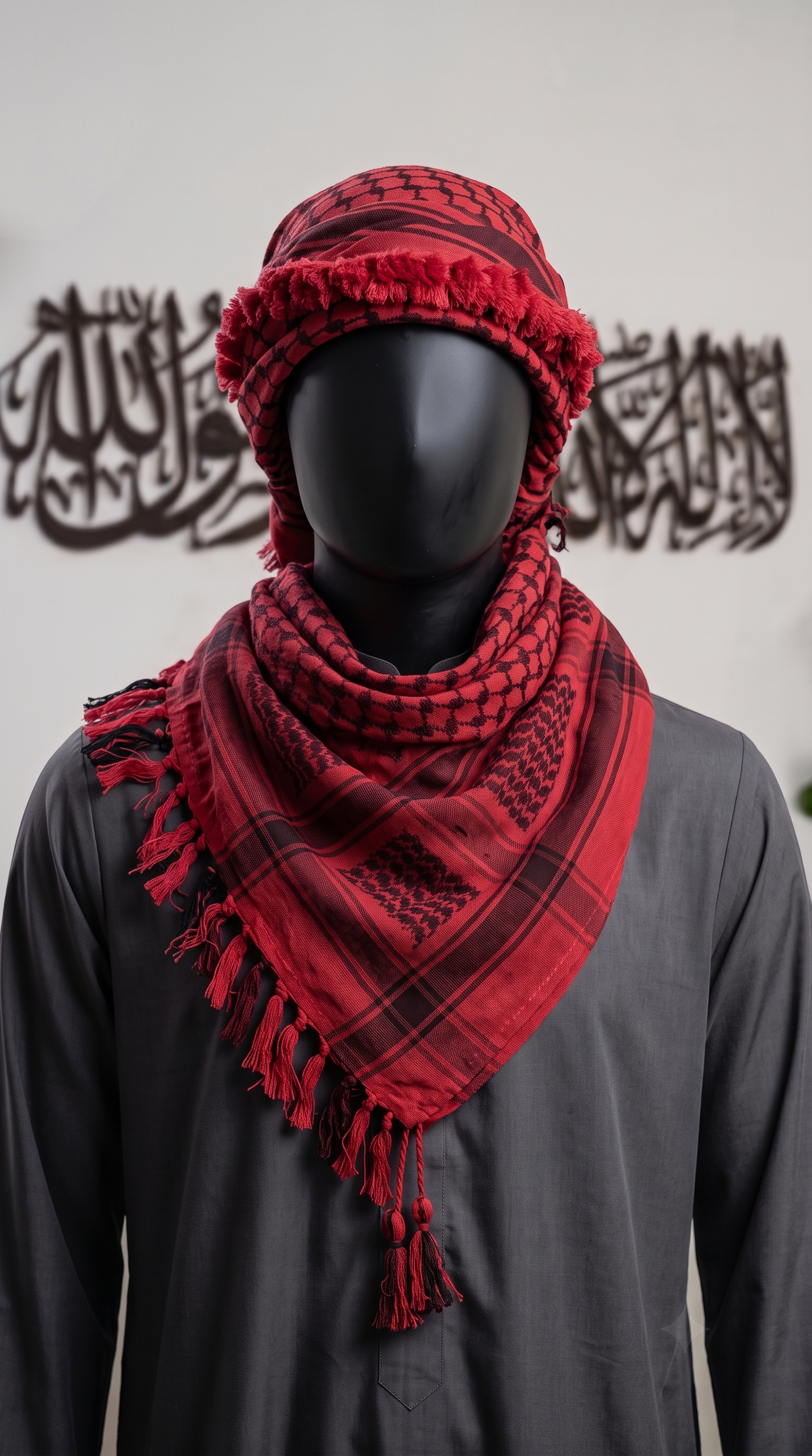 Man wearing Ember keffiyeh, bright red and black cotton shemagh scarf, traditional head wrap, studio portrait
