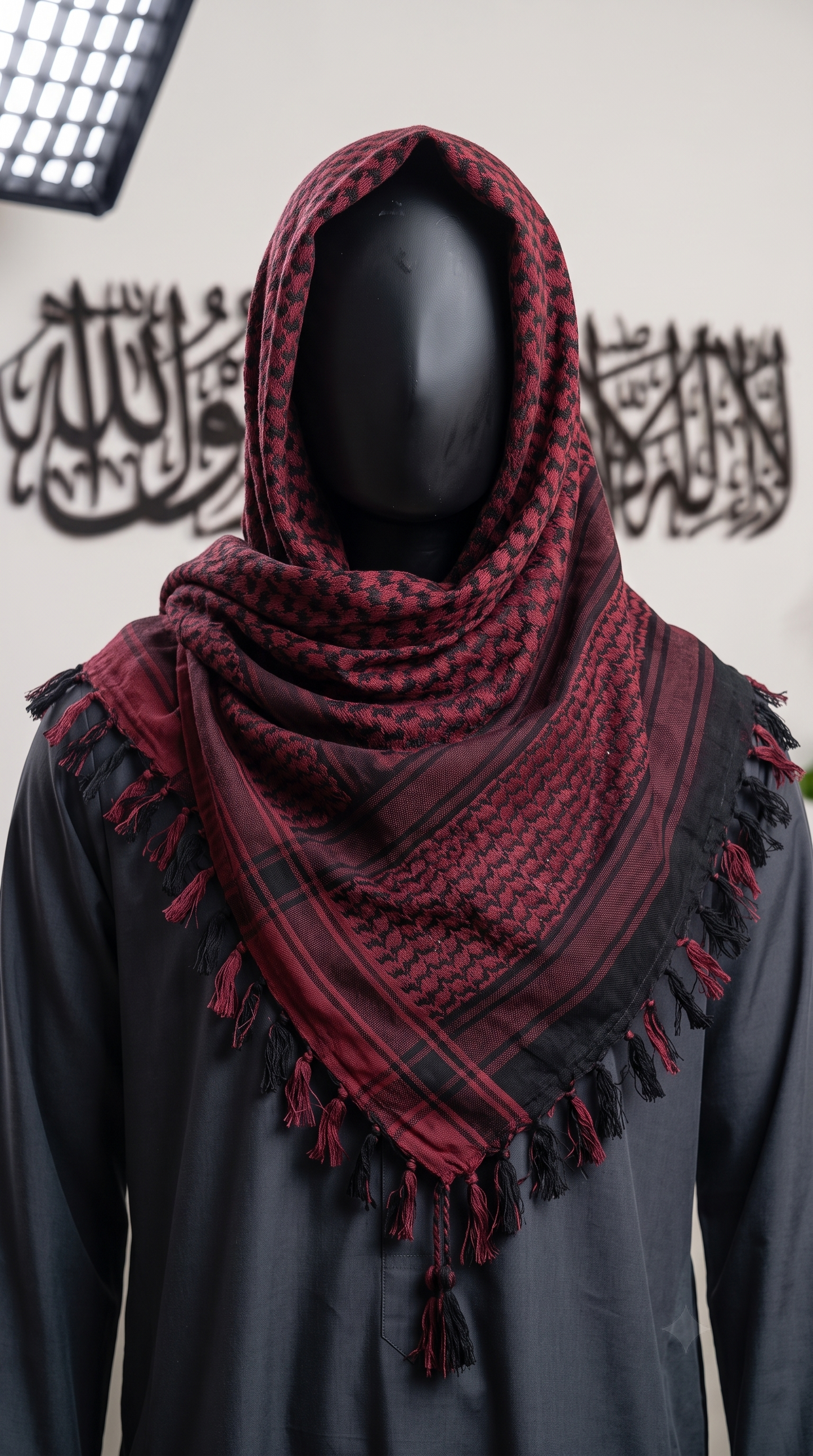 Man wearing Merlot keffiyeh, deep wine red and black cotton shemagh scarf, traditional head wrap, studio portrait