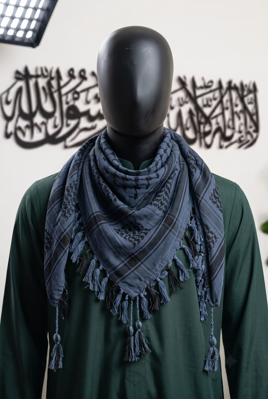Man wearing Midnight keffiyeh, deep navy and black cotton shemagh scarf, traditional head wrap, studio portrait
