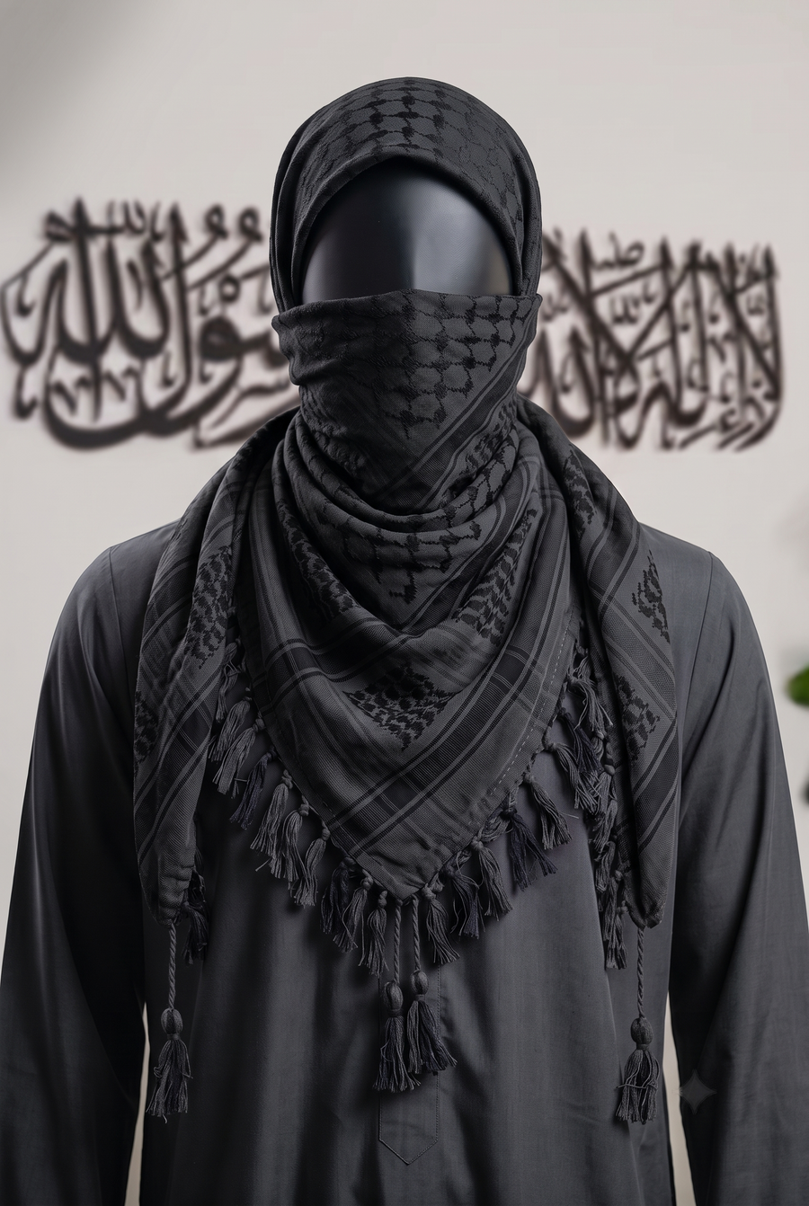 Man wearing Obsidian keffiyeh, all black cotton shemagh scarf, traditional head wrap, studio portrait