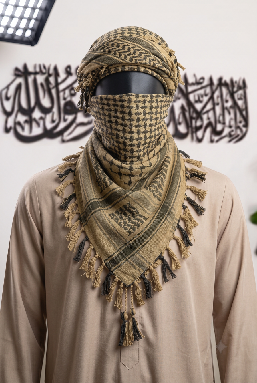 Man wearing Sahara keffiyeh, sand khaki and black cotton shemagh scarf, traditional head wrap, studio portrait