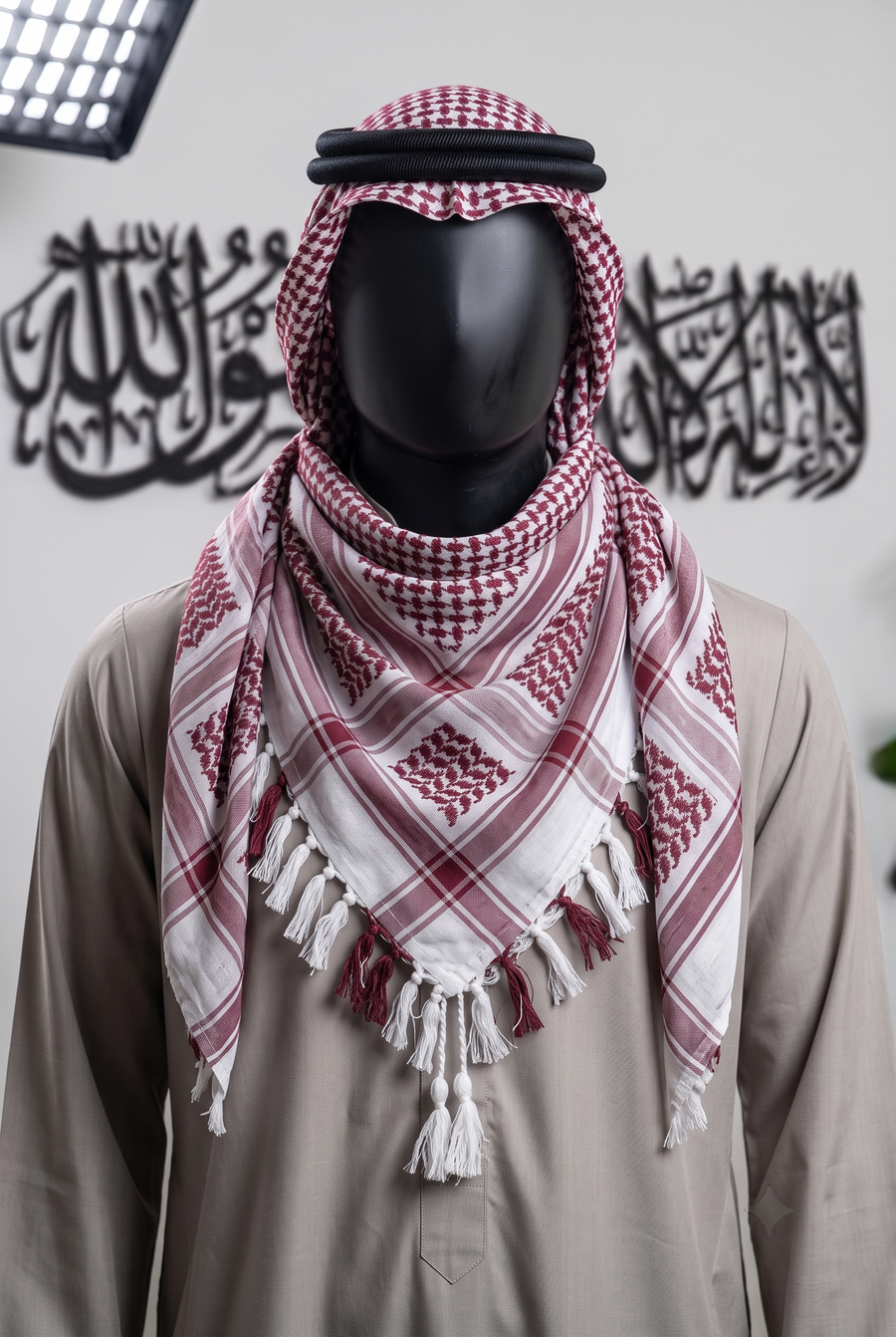 Man wearing Saudi keffiyeh, crimson and ivory cotton shemagh scarf, traditional head wrap, studio portrait