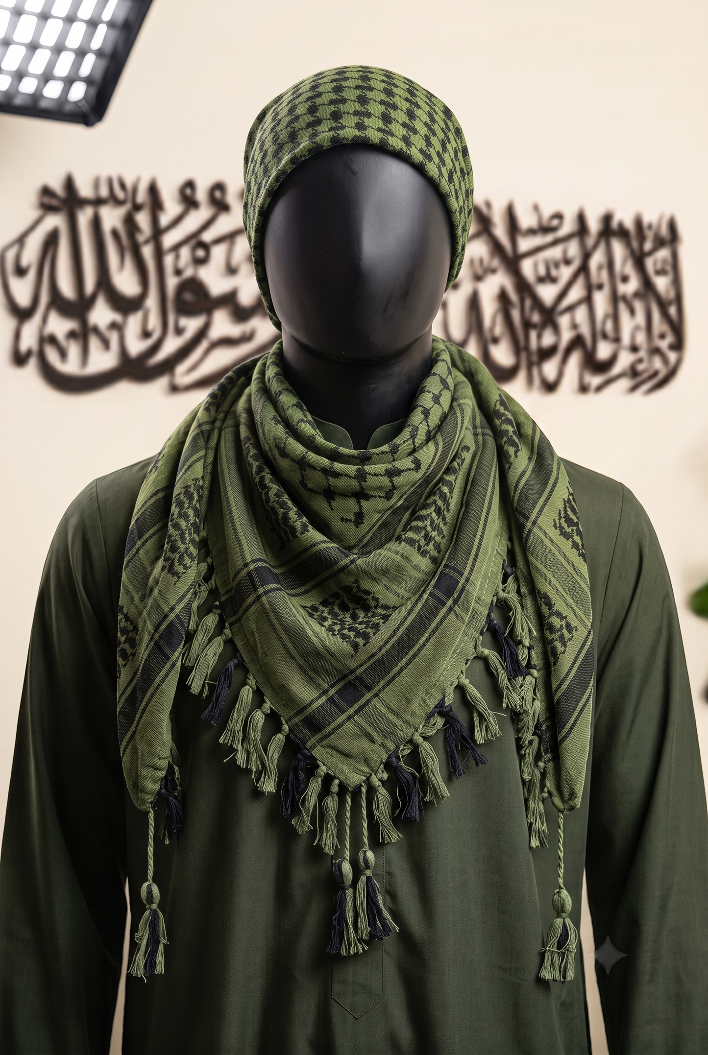Man wearing olive keffiyeh, olive green and dark green cotton shemagh scarf, traditional head wrap, studio portrait