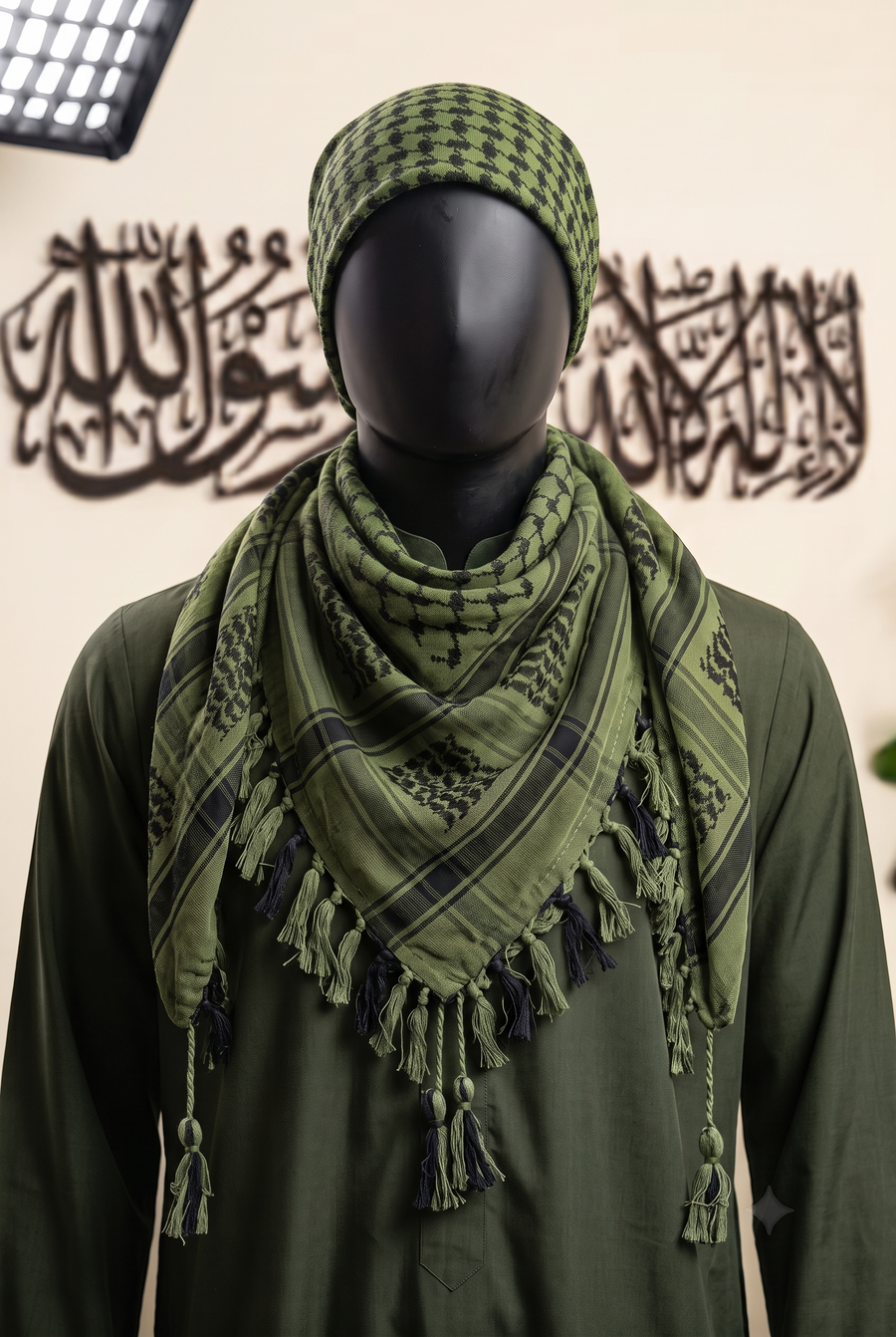 Man wearing olive keffiyeh, olive green and dark green cotton shemagh scarf, traditional head wrap, studio portrait