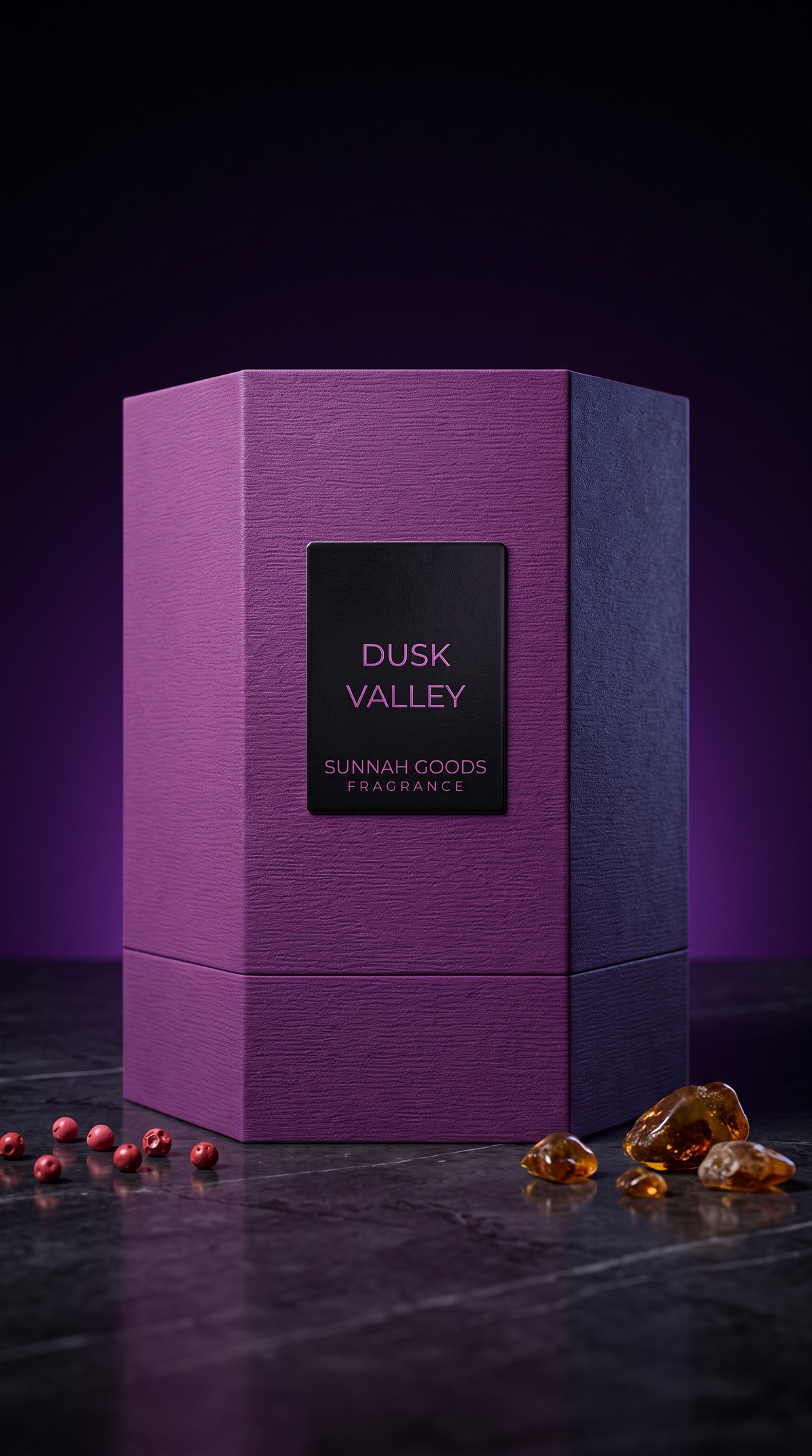 Purple Sunnah Goods gift box for Dusk Valley EDP on dark marble with a soft violet glow