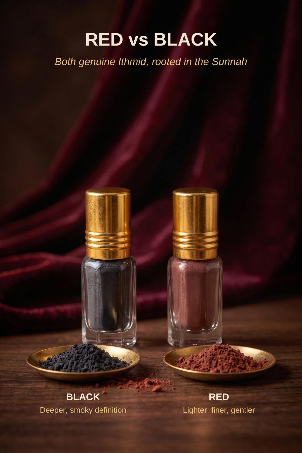 Red vs Black Ithmid kohl: black gives deeper, smoky definition; red is lighter, finer and gentler