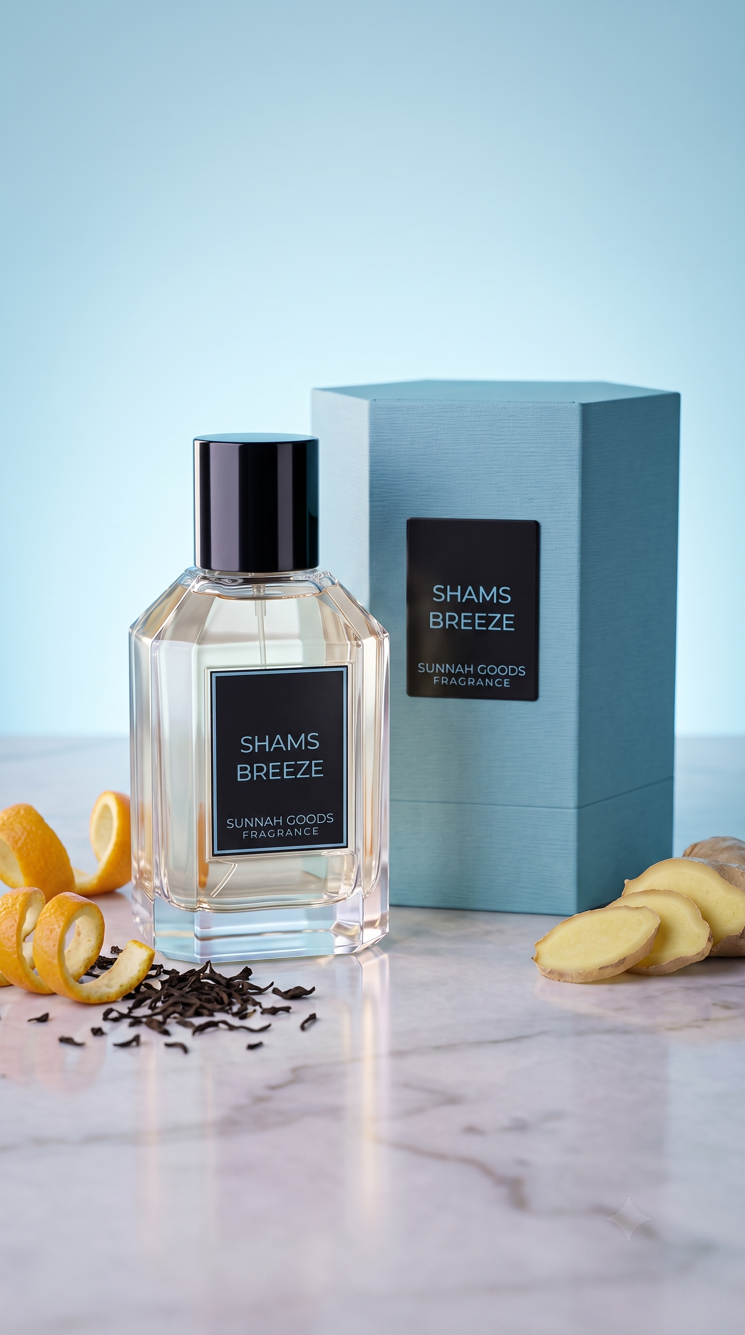 Shams Breeze EDP bottle beside its ocean blue Sunnah Goods gift box, with citrus and tea in bright airy lighting