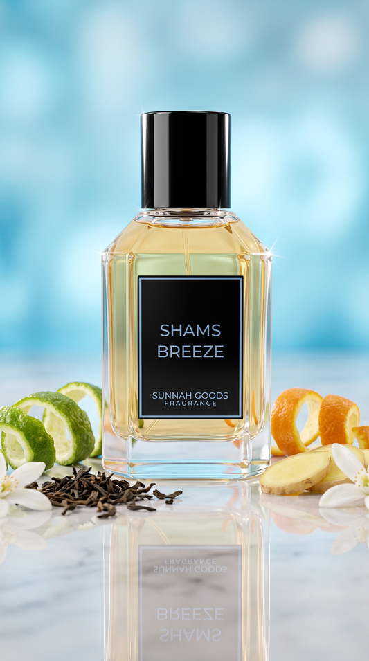 Shams Breeze EDP perfume bottle by Sunnah Goods, clear glass with black cap and blue nameplate, with citrus peel, black tea and ginger on light marble