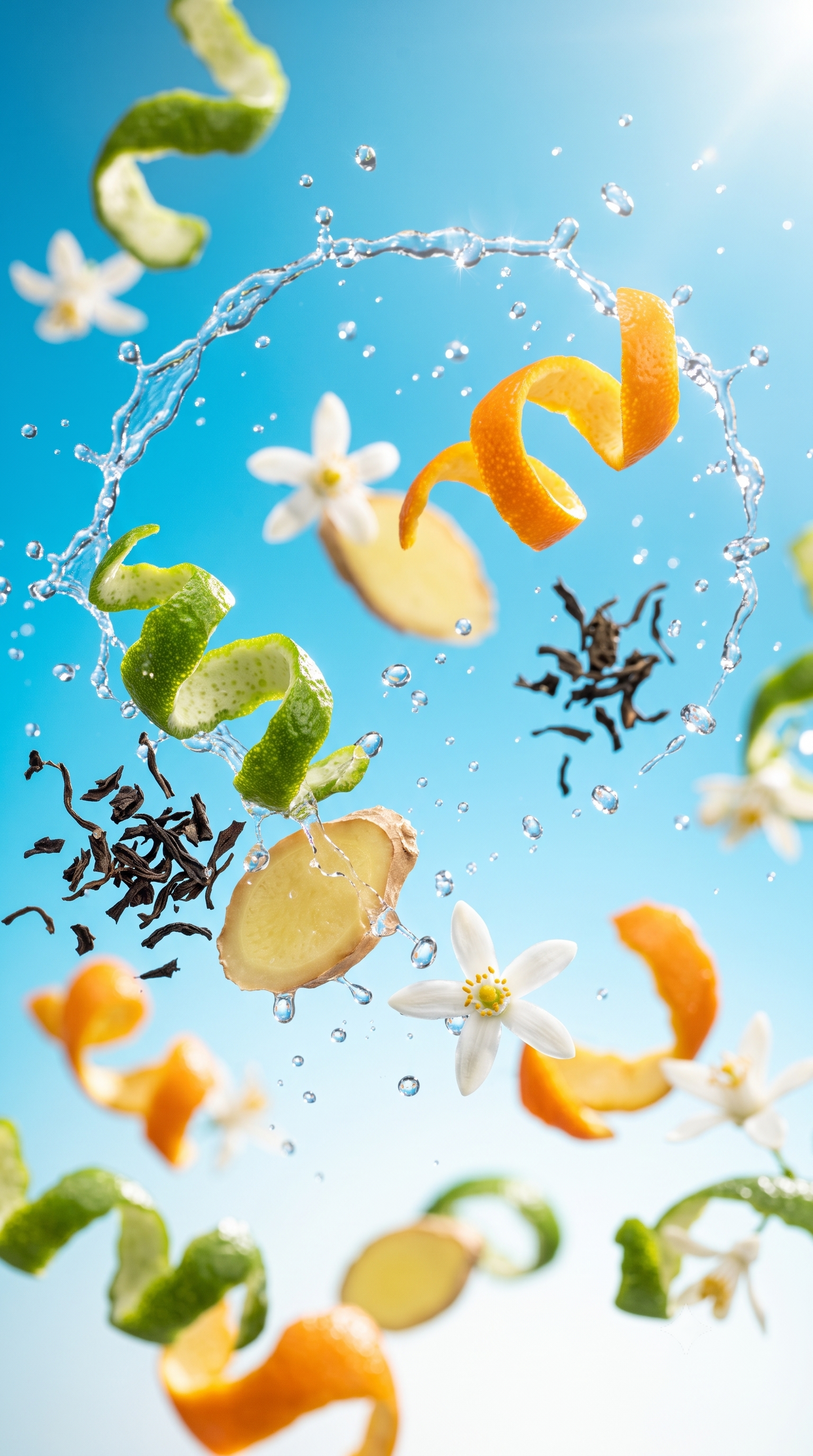 Shams Breeze fragrance notes, bergamot, orange, black tea and ginger, floating in mid air on a bright blue background