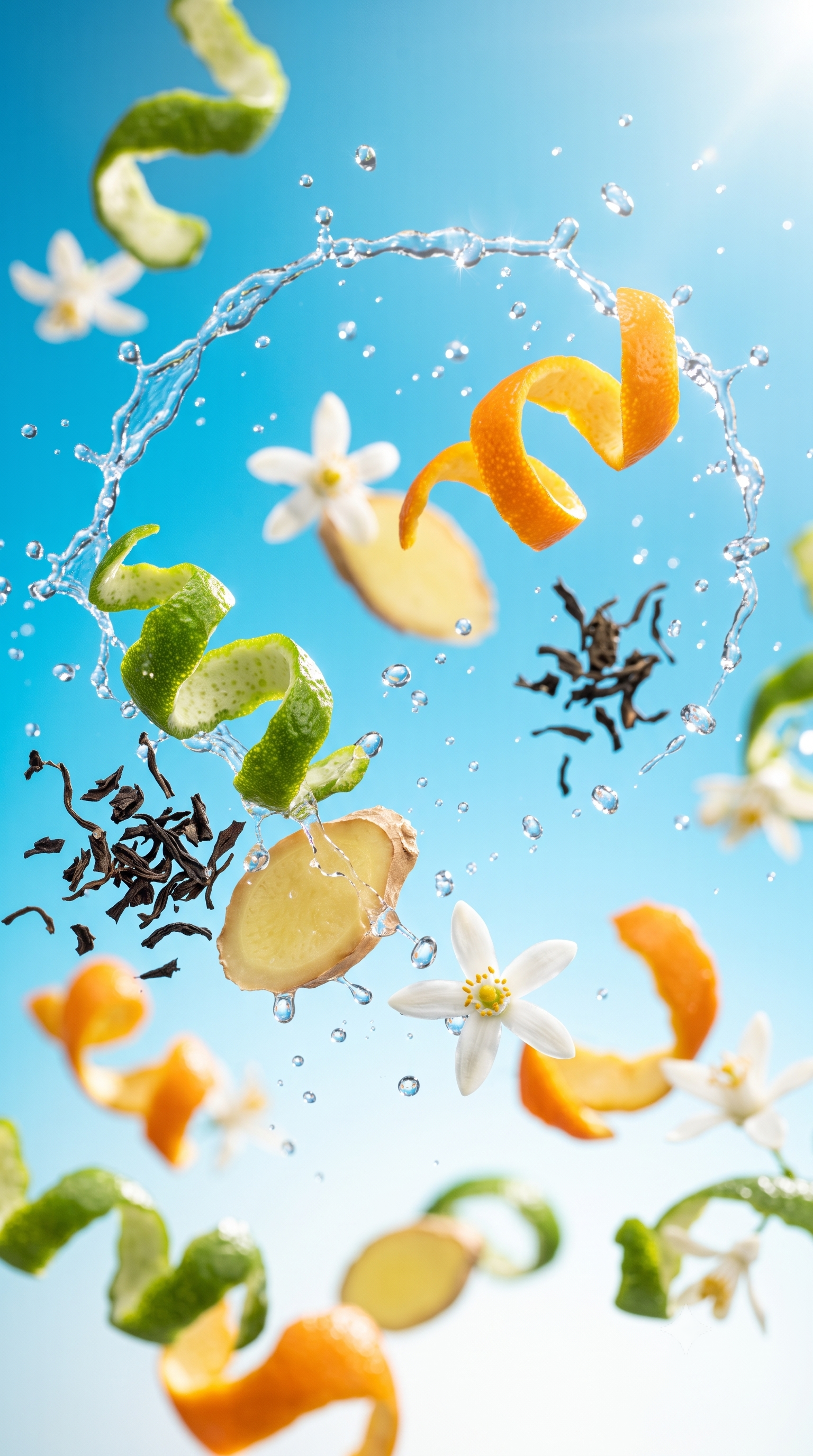 Shams Breeze fragrance notes, bergamot, orange, black tea and ginger, floating in mid air on a bright blue background