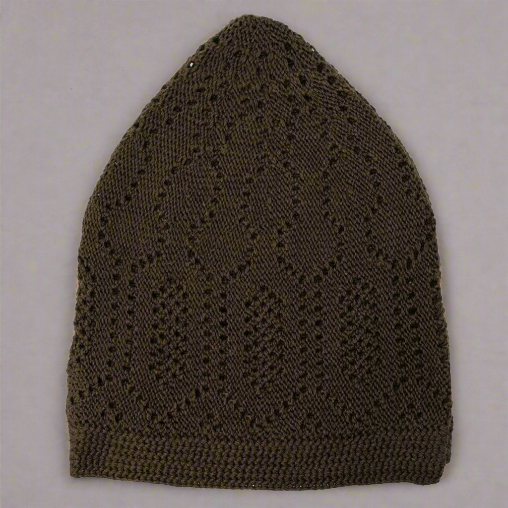 Olive brown Sunnah Goods men's knit kufi cap with an open knit pattern