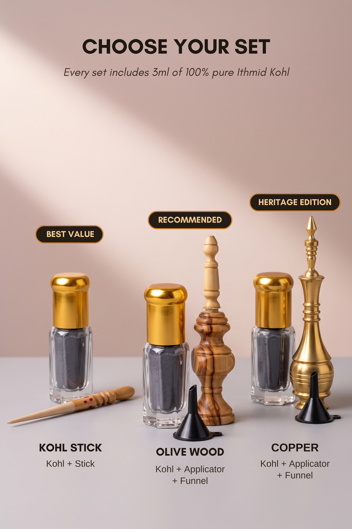 Choose your Ithmid Kohl set: Kohl Stick, Olive Wood applicator with funnel, or Copper applicator with funnel