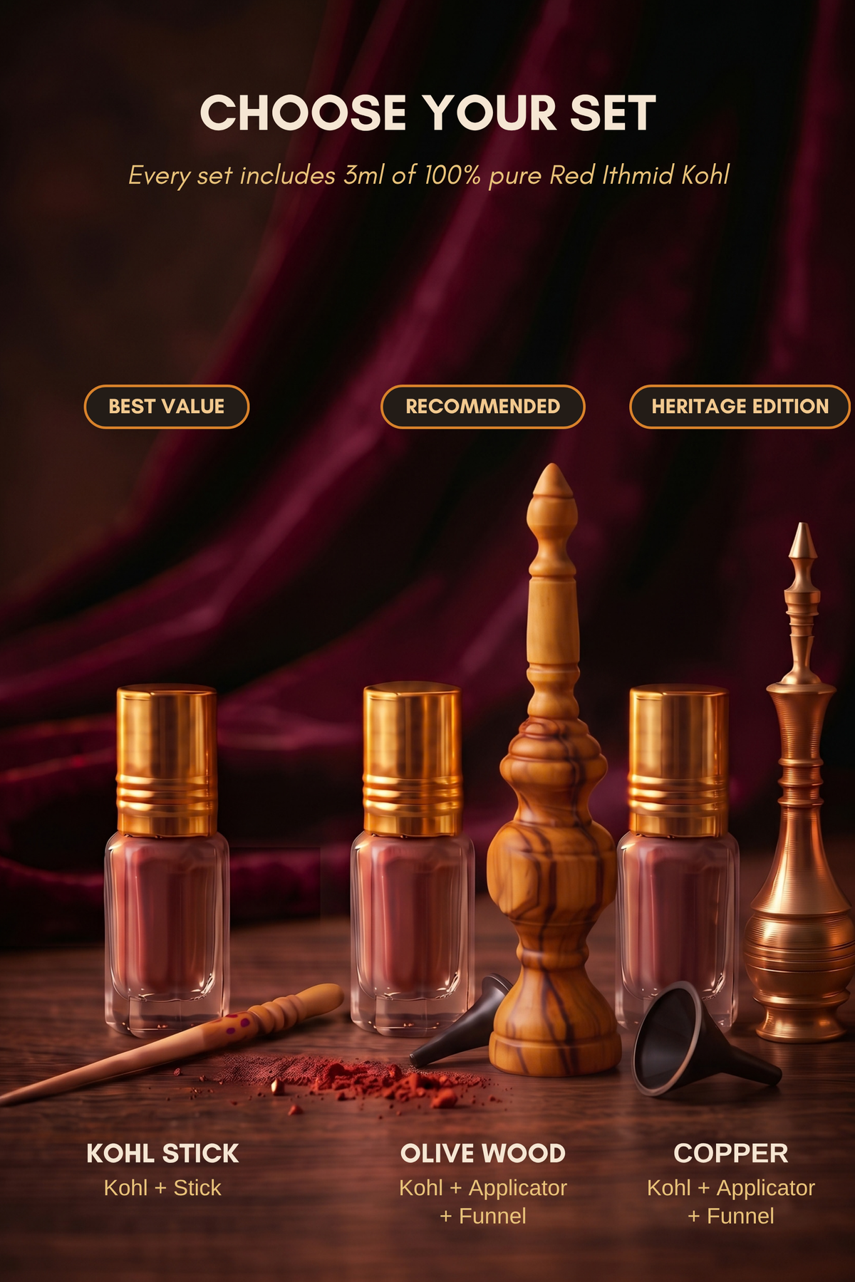 Choose your Red Ithmid Kohl set: Kohl Stick, Olive Wood applicator with funnel, or Copper applicator with funnel