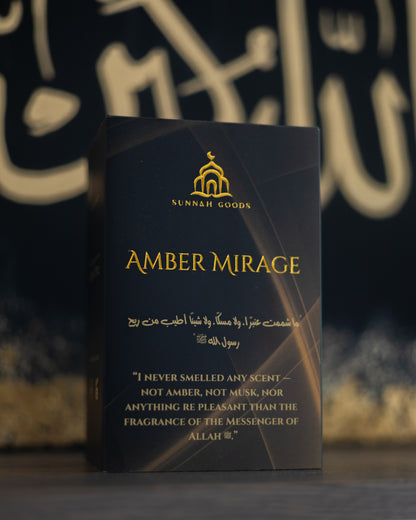 Sandalwood product packaging with 'Amber Mirage' branding and text on a dark background.