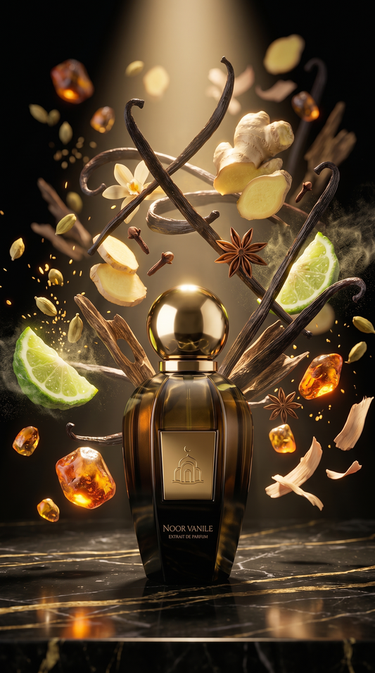 Noor Vanile, Vanilla, amber, ginger fragrance, luxury islamic fragrance attar