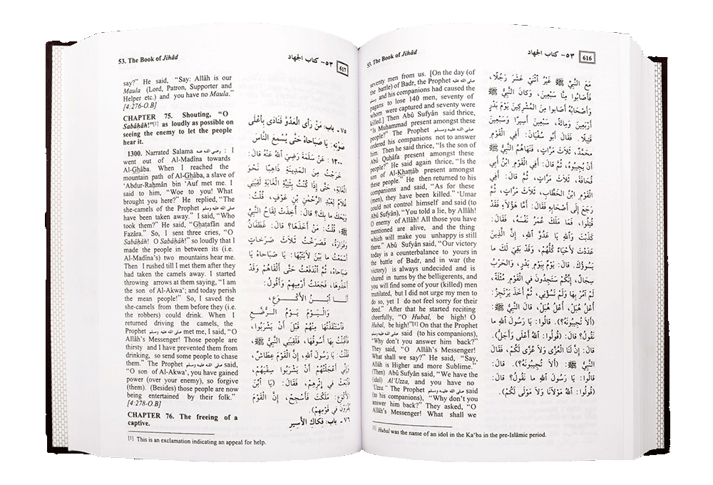 Summarized Sahih Al-Bukhari – open book showing hadith in Arabic and English