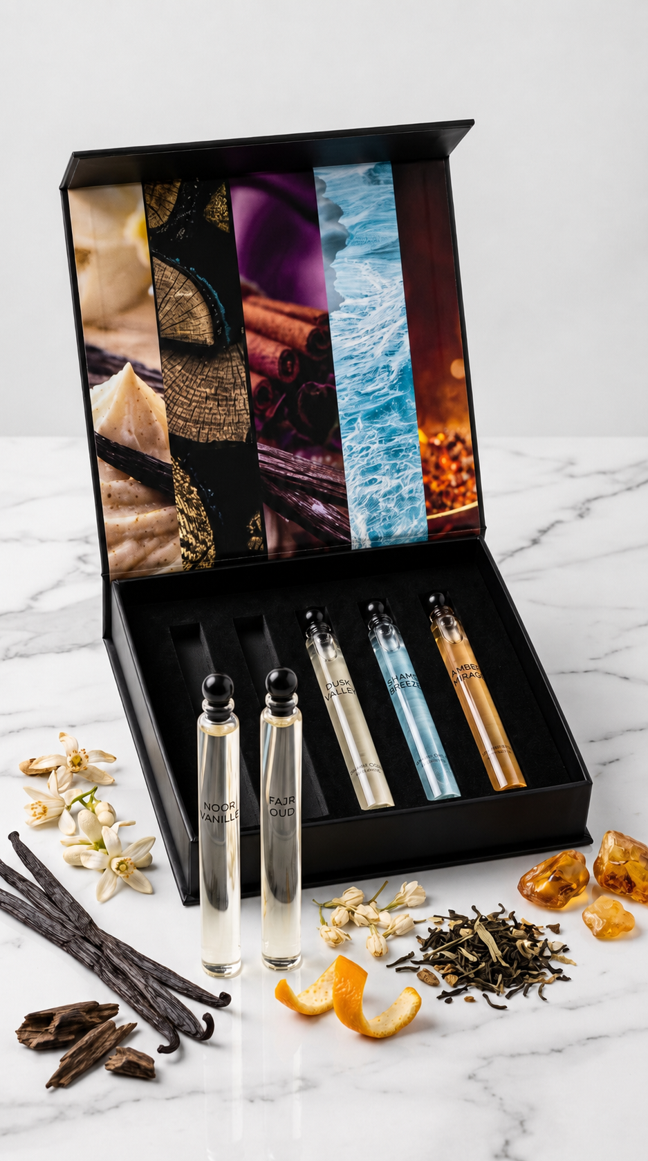 vanilla, oud, jasmine, berhamot, amber 5 ml tester fragrance discovery set